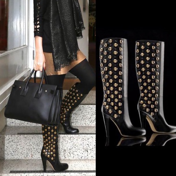 Gucci Shoes - Gucci Black Leather Babouska Studded Knee Length Boots